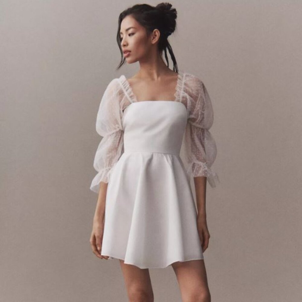 Amanda Uprichard White Puff-Sleeve Mini Wedding Dress